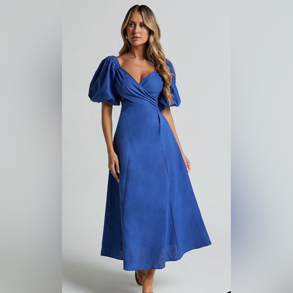 Amalie linen blend puff sleeve cut out blue midi dress